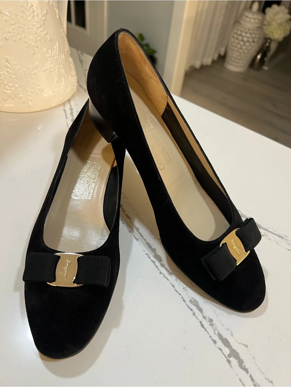 Salvatore Ferragamo Black Suede Vara Bow Pumps with Gold Hardware size W 11.5
